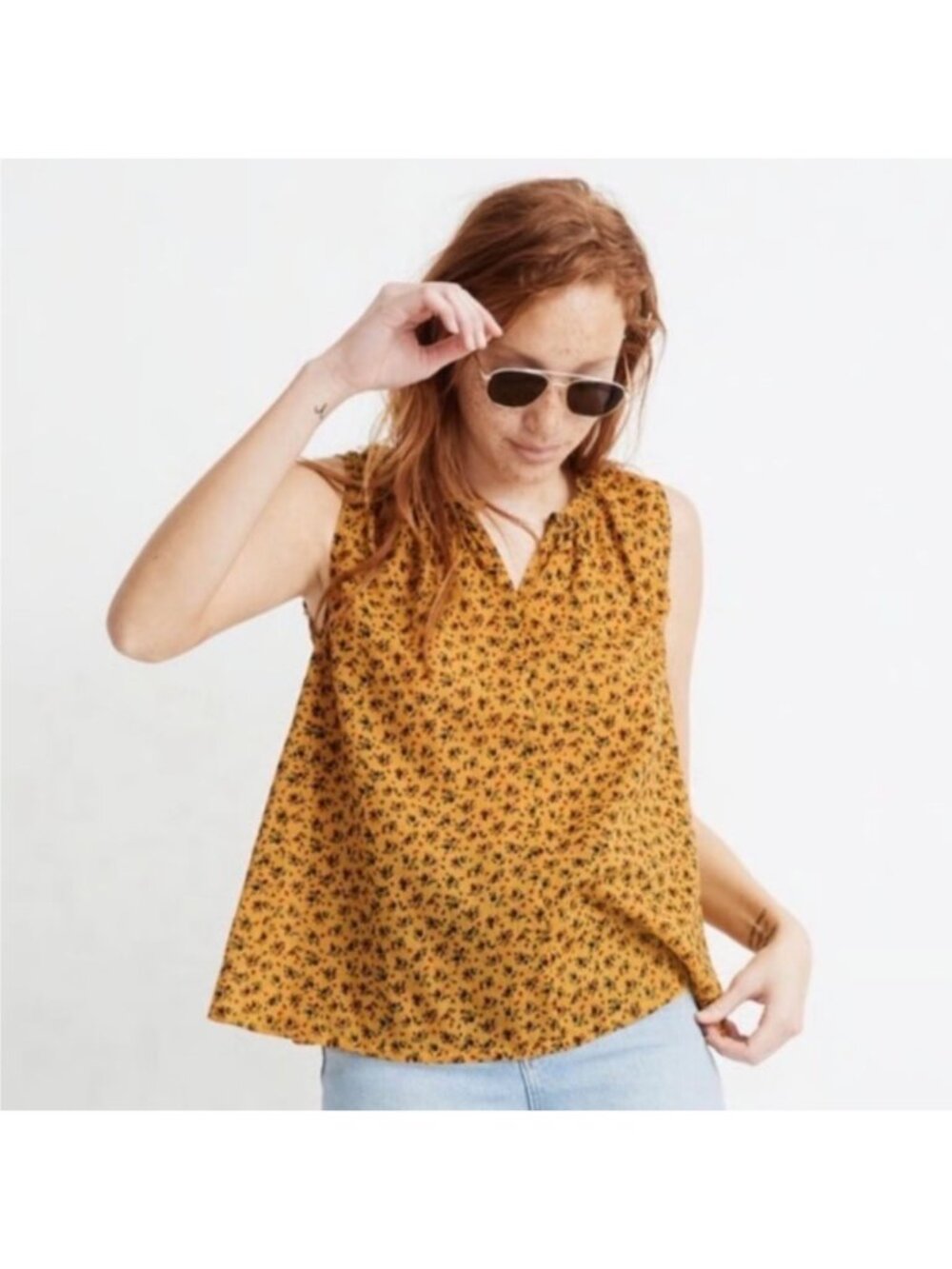 Madewell Shirred Shell Tank in Calico Floral Yellow Mustard Gauzy Top L